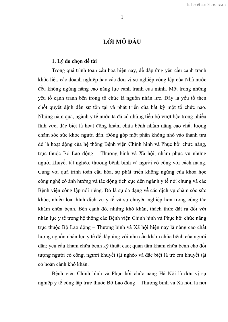 Luận văn thạc sĩ quản trị nhân lực Nâng cao chất lượng nguồn nhân lực y tế tại Bệnh viện Chỉnh hình và Phục hồi chức năng Hà Nội - 1 Trang 10