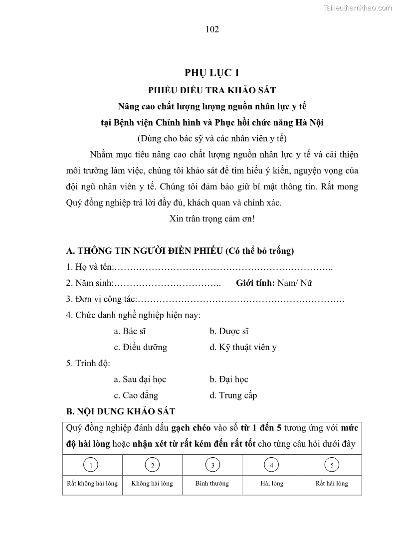 Luận văn thạc sĩ quản trị nhân lực Nâng cao chất lượng nguồn nhân lực y tế tại Bệnh viện Chỉnh hình và Phục hồi chức năng Hà Nội - 10 Trang 111