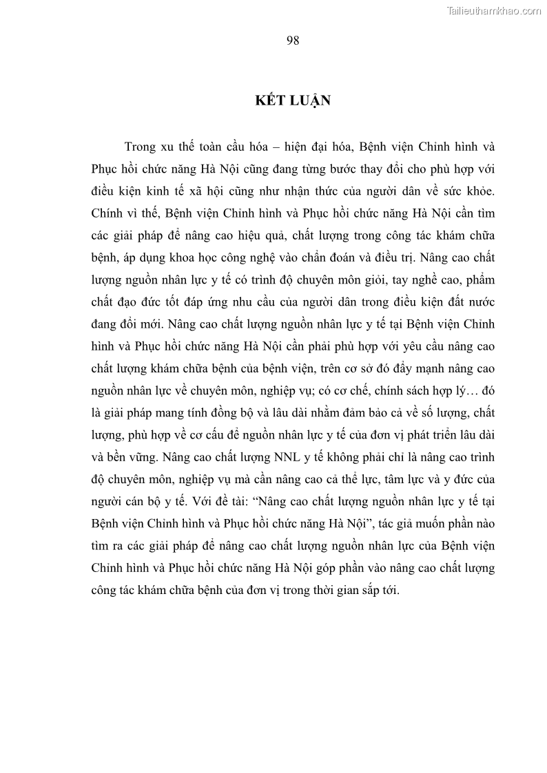 Luận văn thạc sĩ quản trị nhân lực Nâng cao chất lượng nguồn nhân lực y tế tại Bệnh viện Chỉnh hình và Phục hồi chức năng Hà Nội - 9 Trang 107
