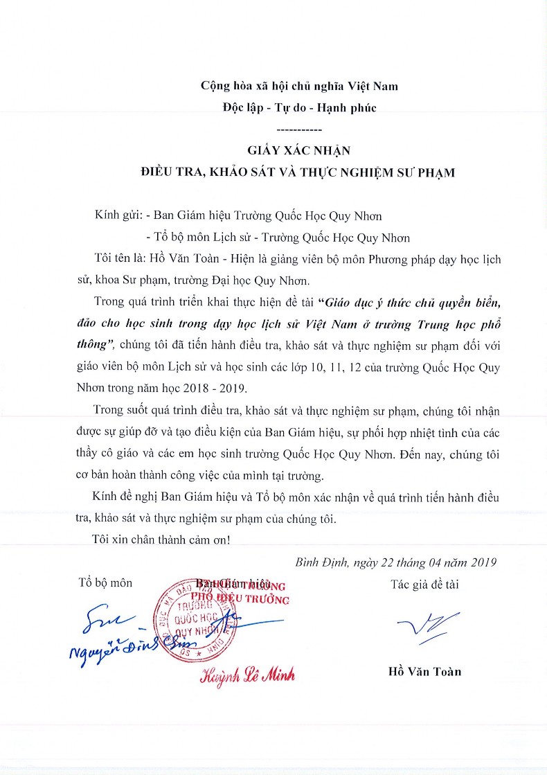 Giáo dục ý thức chủ quyền biển đảo cho học sinh trong dạy học lịch sử Việt Nam ở trường Trung học phổ thông thực nghiệm tại các tỉnh Duyên hải Nam Trung Bộ 27 4