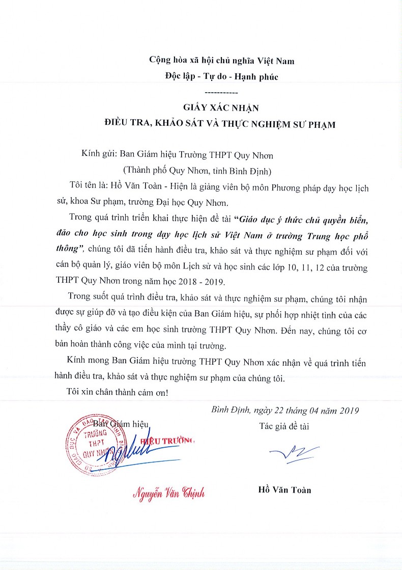 Giáo dục ý thức chủ quyền biển đảo cho học sinh trong dạy học lịch sử Việt Nam ở trường Trung học phổ thông thực nghiệm tại các tỉnh Duyên hải Nam Trung Bộ 27 6