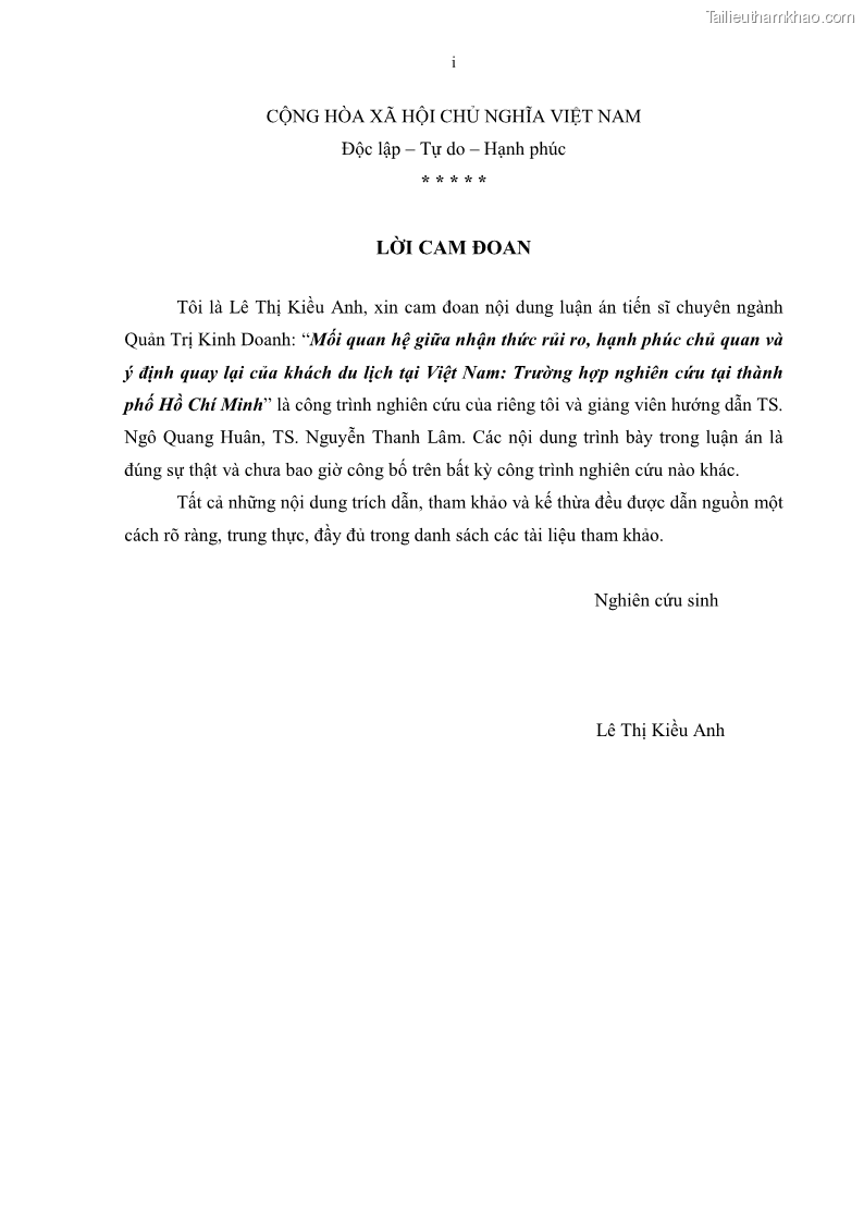 Luận án tiến sĩ quản trị kinh doanh Mối quan hệ giữa nhận thức rủi ro, hạnh phúc chủ quan và ý định quay lại của khách du lịch tại Việt Nam - Trường hợp nghiên cứu tại thành phố Hồ Chí Minh - 1 Trang 3