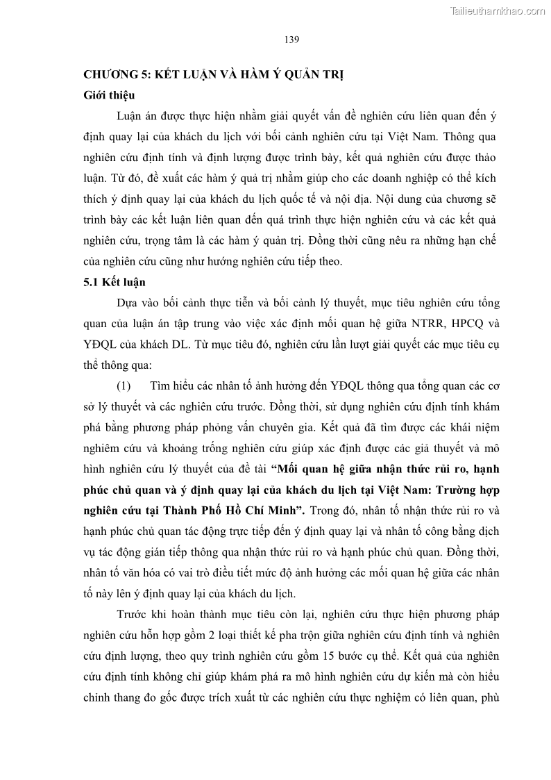 Luận án tiến sĩ quản trị kinh doanh Mối quan hệ giữa nhận thức rủi ro, hạnh phúc chủ quan và ý định quay lại của khách du lịch tại Việt Nam - Trường hợp nghiên cứu tại thành phố Hồ Chí Minh - 13 Trang 154