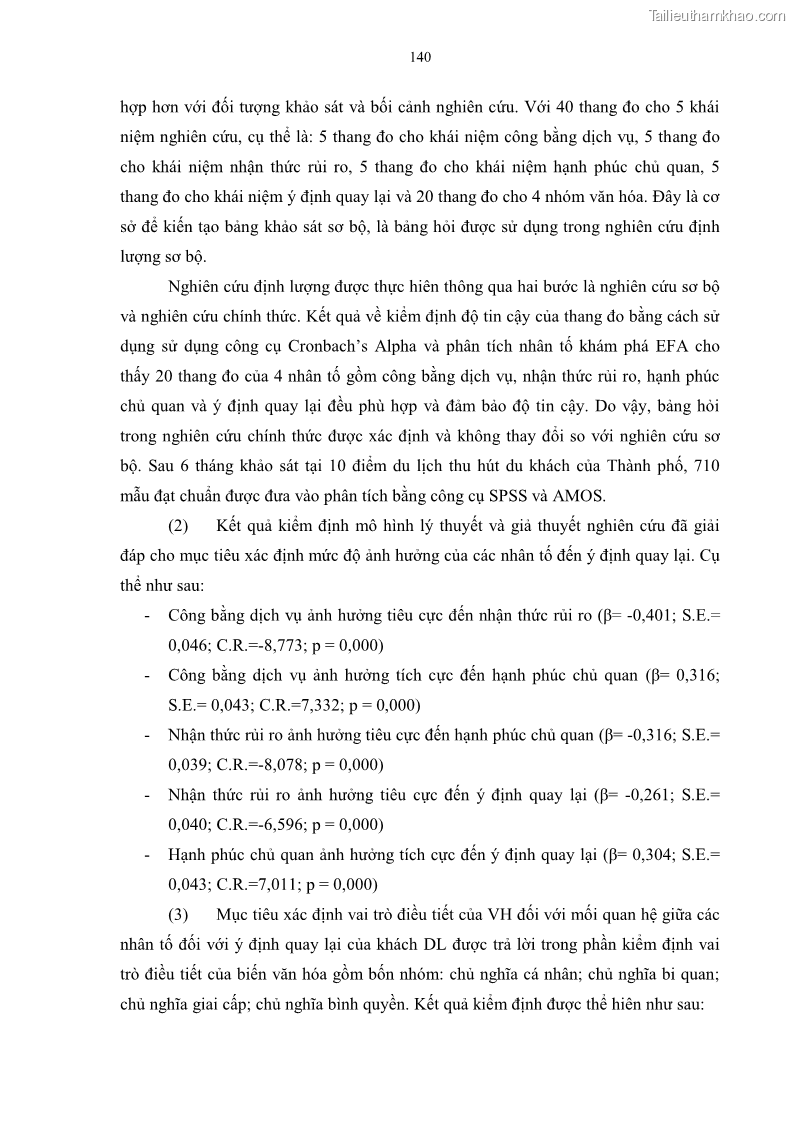 Luận án tiến sĩ quản trị kinh doanh Mối quan hệ giữa nhận thức rủi ro, hạnh phúc chủ quan và ý định quay lại của khách du lịch tại Việt Nam - Trường hợp nghiên cứu tại thành phố Hồ Chí Minh - 13 Trang 155