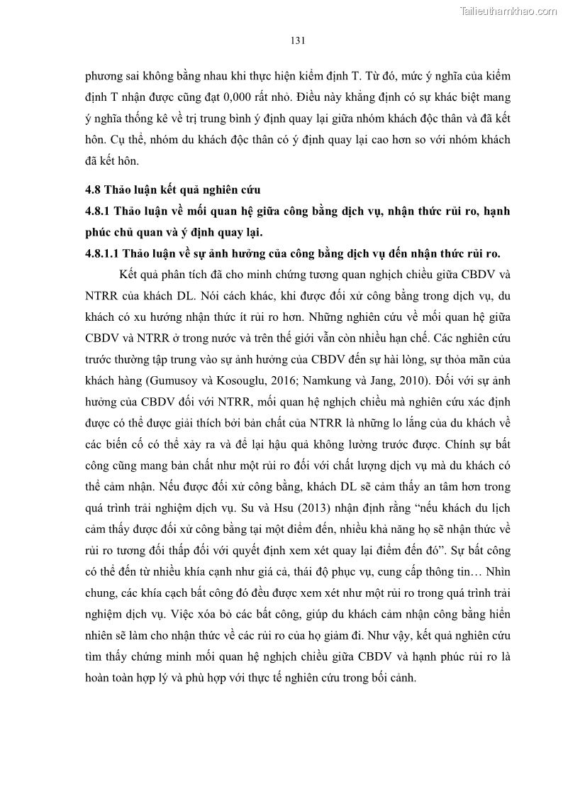 Luận án tiến sĩ quản trị kinh doanh Mối quan hệ giữa nhận thức rủi ro, hạnh phúc chủ quan và ý định quay lại của khách du lịch tại Việt Nam - Trường hợp nghiên cứu tại thành phố Hồ Chí Minh - 13 Trang 146