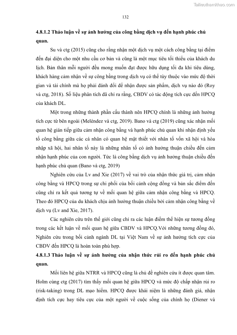 Luận án tiến sĩ quản trị kinh doanh Mối quan hệ giữa nhận thức rủi ro, hạnh phúc chủ quan và ý định quay lại của khách du lịch tại Việt Nam - Trường hợp nghiên cứu tại thành phố Hồ Chí Minh - 13 Trang 147