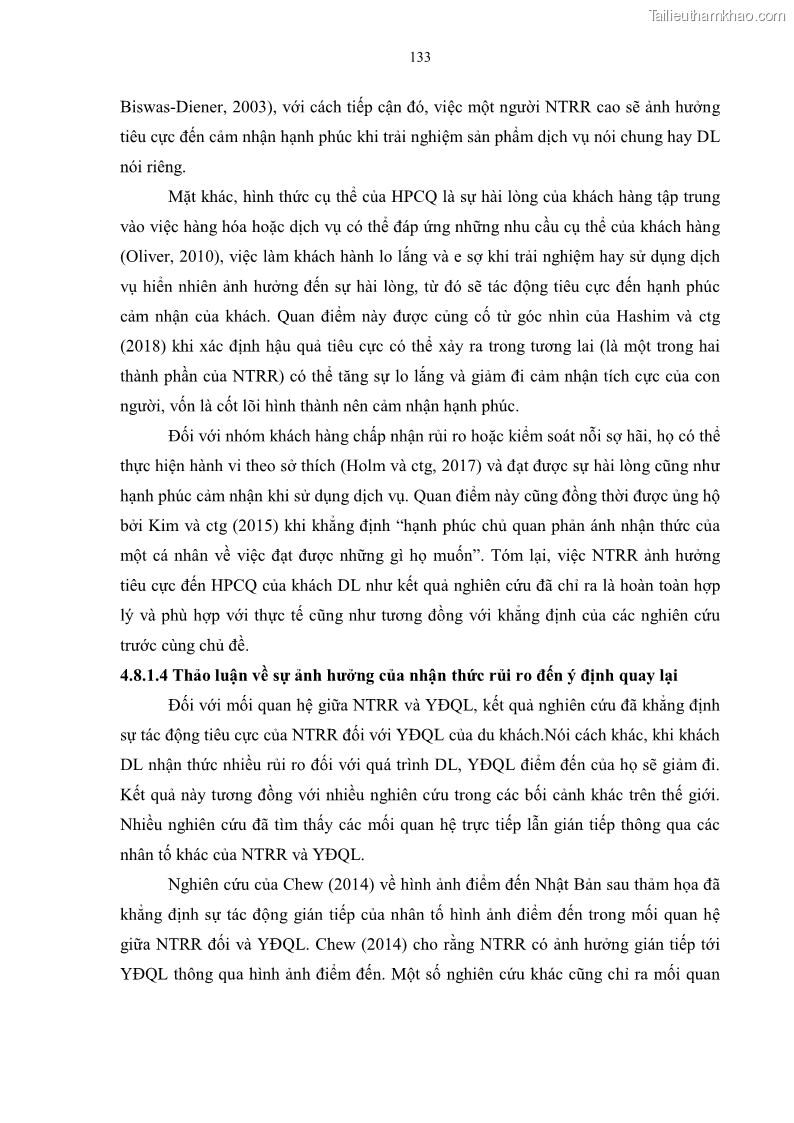 Luận án tiến sĩ quản trị kinh doanh Mối quan hệ giữa nhận thức rủi ro, hạnh phúc chủ quan và ý định quay lại của khách du lịch tại Việt Nam - Trường hợp nghiên cứu tại thành phố Hồ Chí Minh - 13 Trang 148