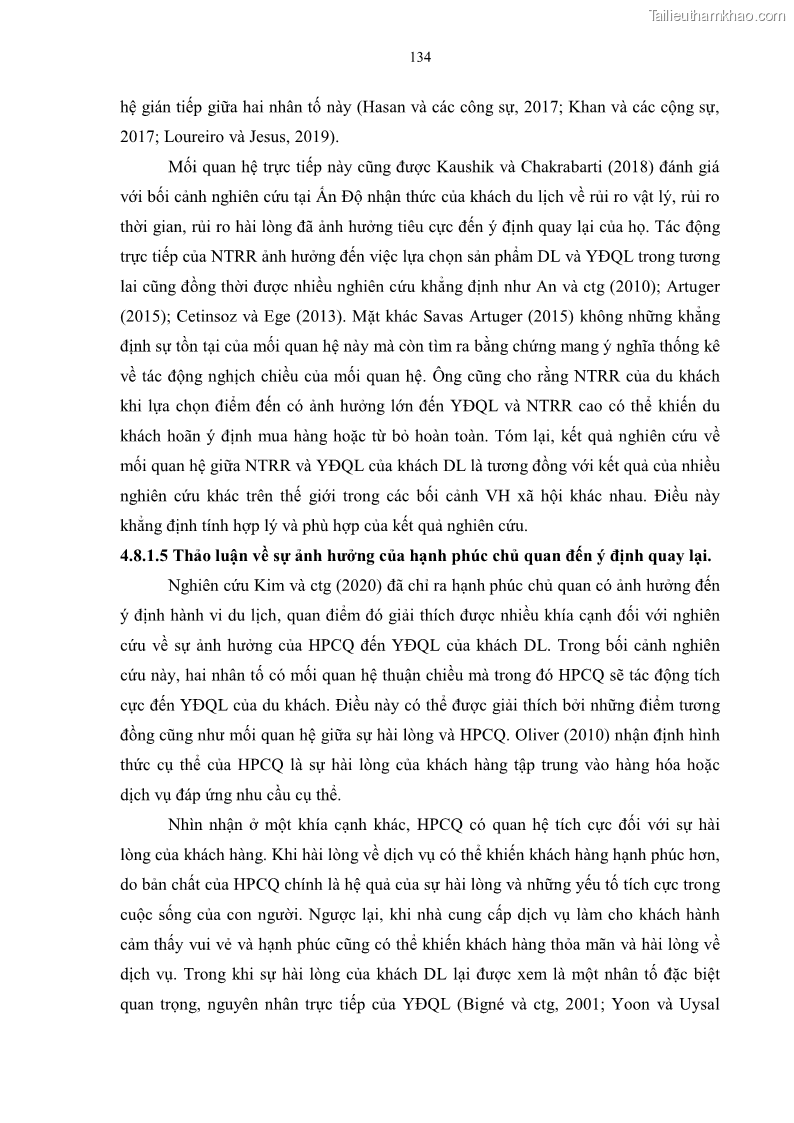 Luận án tiến sĩ quản trị kinh doanh Mối quan hệ giữa nhận thức rủi ro, hạnh phúc chủ quan và ý định quay lại của khách du lịch tại Việt Nam - Trường hợp nghiên cứu tại thành phố Hồ Chí Minh - 13 Trang 149