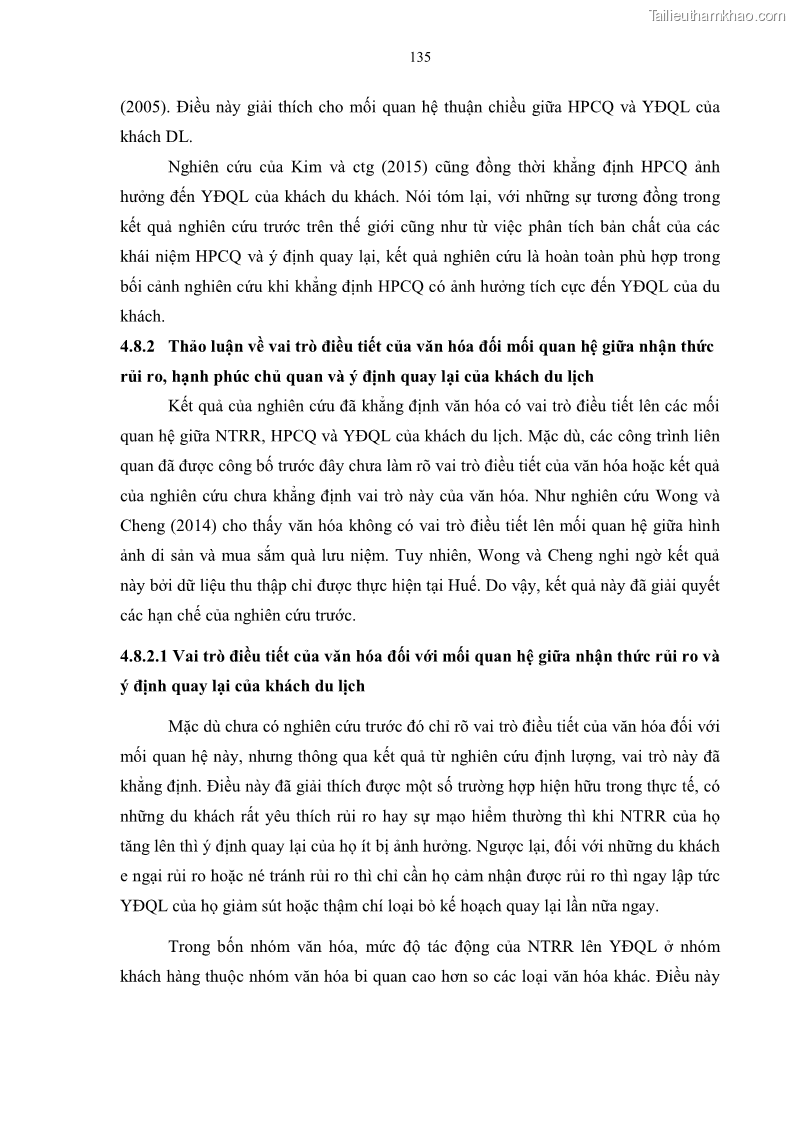 Luận án tiến sĩ quản trị kinh doanh Mối quan hệ giữa nhận thức rủi ro, hạnh phúc chủ quan và ý định quay lại của khách du lịch tại Việt Nam - Trường hợp nghiên cứu tại thành phố Hồ Chí Minh - 13 Trang 150