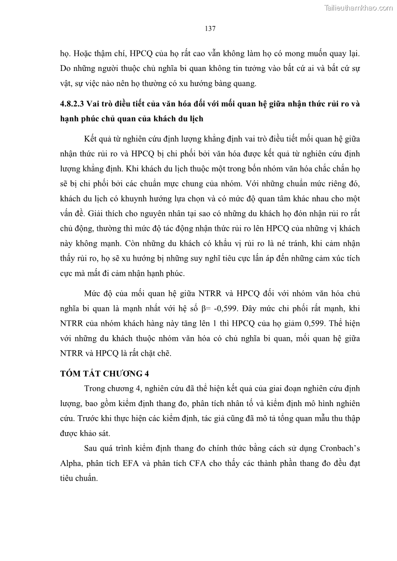 Luận án tiến sĩ quản trị kinh doanh Mối quan hệ giữa nhận thức rủi ro, hạnh phúc chủ quan và ý định quay lại của khách du lịch tại Việt Nam - Trường hợp nghiên cứu tại thành phố Hồ Chí Minh - 13 Trang 152