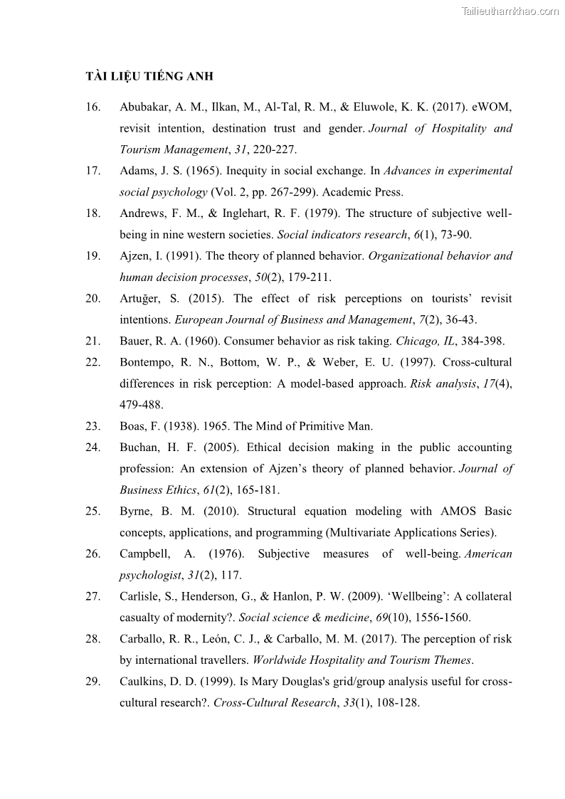 Luận án tiến sĩ quản trị kinh doanh Mối quan hệ giữa nhận thức rủi ro, hạnh phúc chủ quan và ý định quay lại của khách du lịch tại Việt Nam - Trường hợp nghiên cứu tại thành phố Hồ Chí Minh - 16 Trang 191