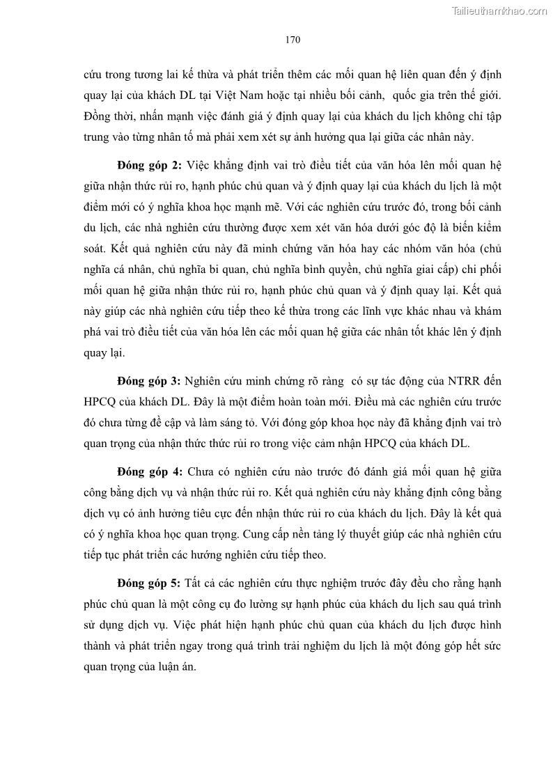 Luận án tiến sĩ quản trị kinh doanh Mối quan hệ giữa nhận thức rủi ro, hạnh phúc chủ quan và ý định quay lại của khách du lịch tại Việt Nam - Trường hợp nghiên cứu tại thành phố Hồ Chí Minh - 16 Trang 185
