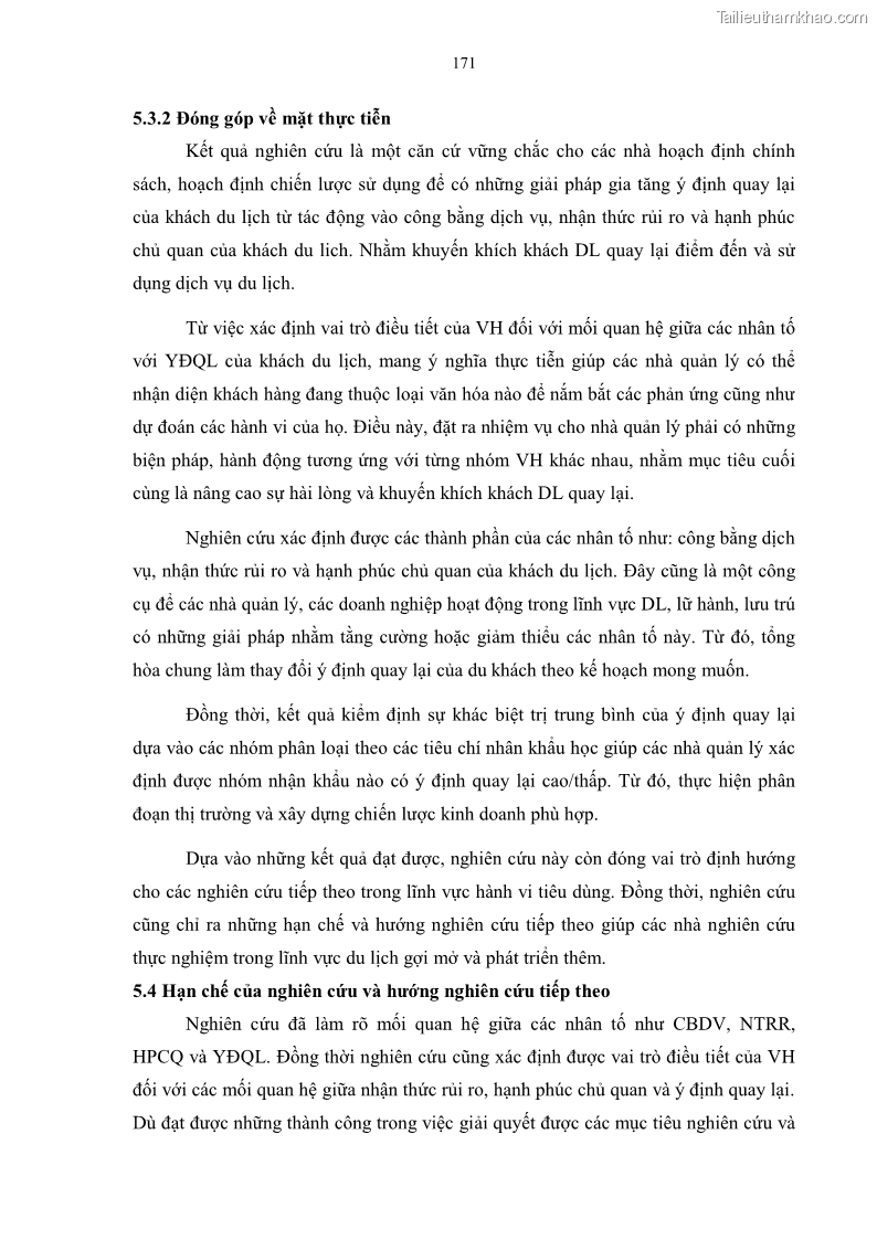 Luận án tiến sĩ quản trị kinh doanh Mối quan hệ giữa nhận thức rủi ro, hạnh phúc chủ quan và ý định quay lại của khách du lịch tại Việt Nam - Trường hợp nghiên cứu tại thành phố Hồ Chí Minh - 16 Trang 186