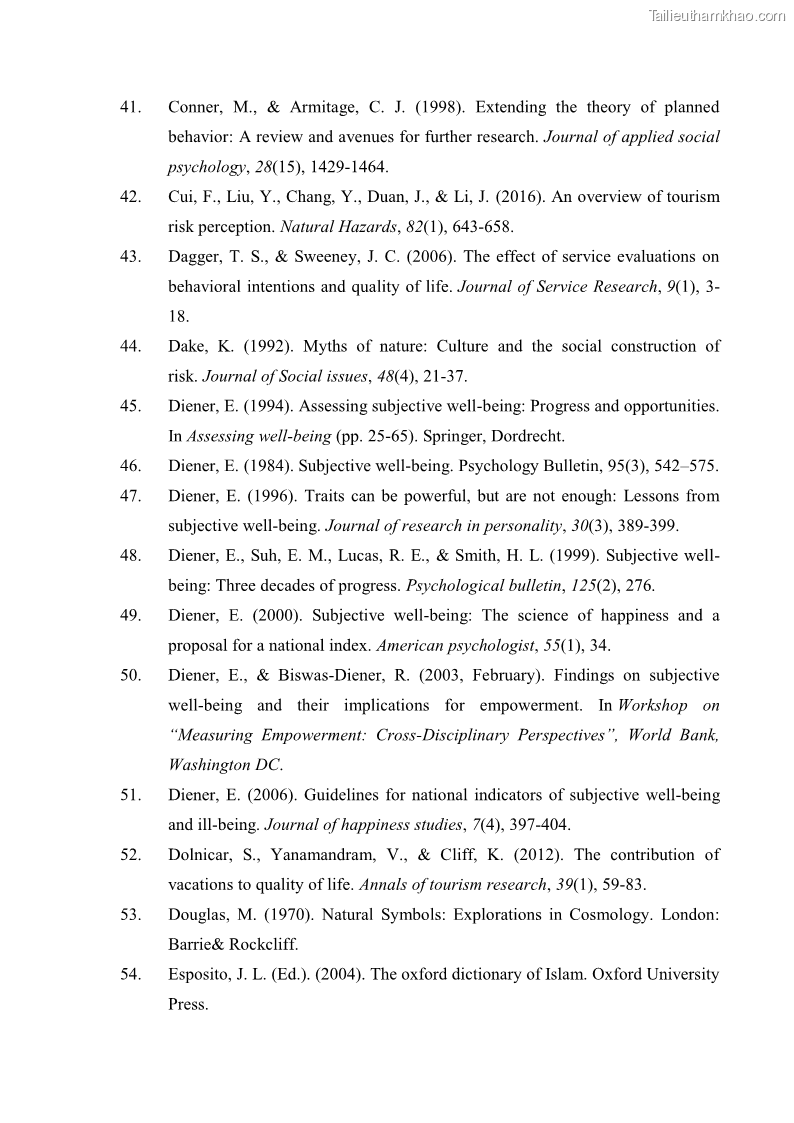 Luận án tiến sĩ quản trị kinh doanh Mối quan hệ giữa nhận thức rủi ro, hạnh phúc chủ quan và ý định quay lại của khách du lịch tại Việt Nam - Trường hợp nghiên cứu tại thành phố Hồ Chí Minh - 17 Trang 193