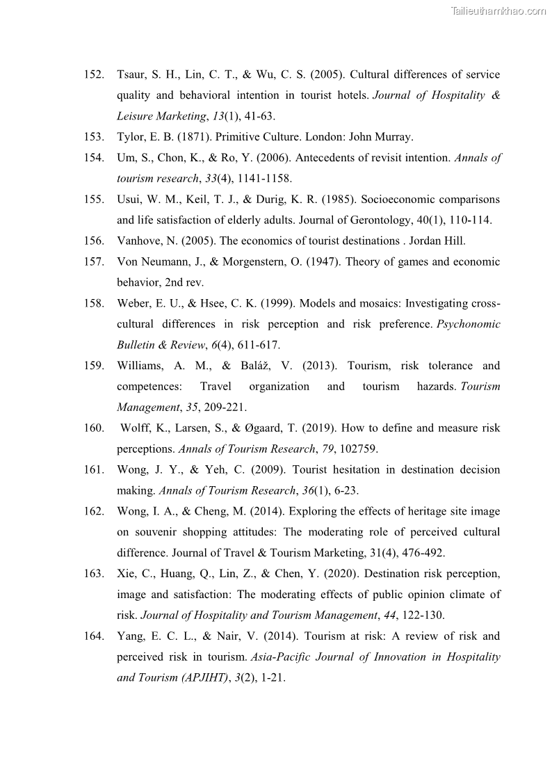 Luận án tiến sĩ quản trị kinh doanh Mối quan hệ giữa nhận thức rủi ro, hạnh phúc chủ quan và ý định quay lại của khách du lịch tại Việt Nam - Trường hợp nghiên cứu tại thành phố Hồ Chí Minh - 17 Trang 203