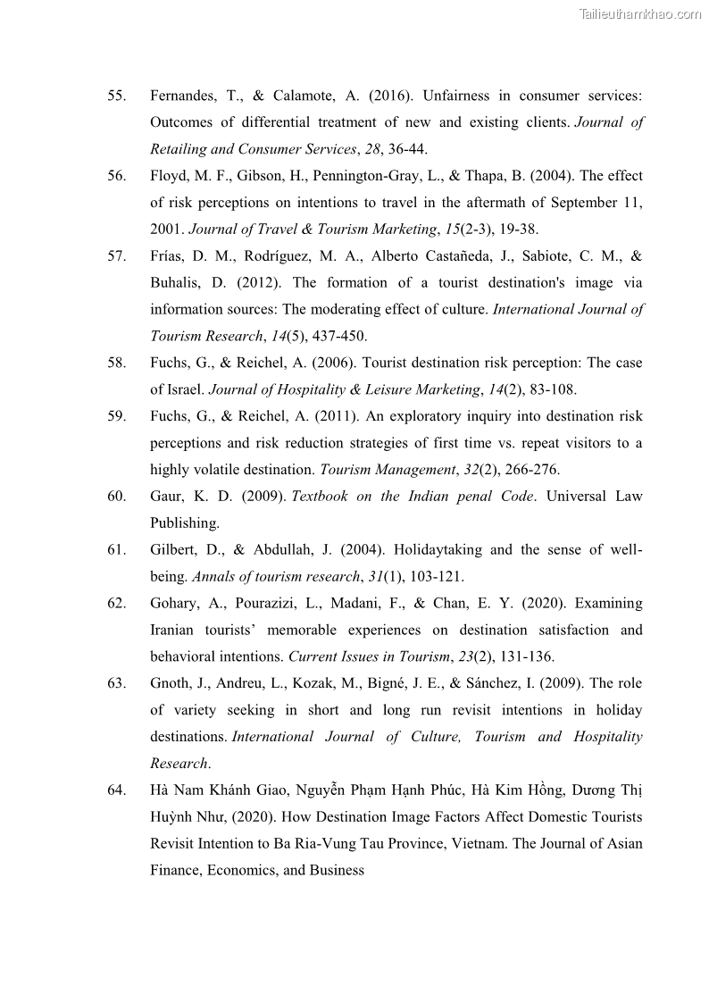 Luận án tiến sĩ quản trị kinh doanh Mối quan hệ giữa nhận thức rủi ro, hạnh phúc chủ quan và ý định quay lại của khách du lịch tại Việt Nam - Trường hợp nghiên cứu tại thành phố Hồ Chí Minh - 17 Trang 194