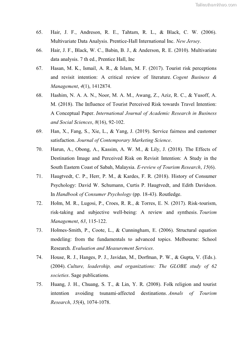 Luận án tiến sĩ quản trị kinh doanh Mối quan hệ giữa nhận thức rủi ro, hạnh phúc chủ quan và ý định quay lại của khách du lịch tại Việt Nam - Trường hợp nghiên cứu tại thành phố Hồ Chí Minh - 17 Trang 195