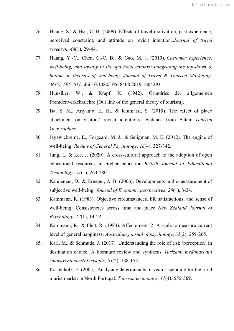 Luận án tiến sĩ quản trị kinh doanh Mối quan hệ giữa nhận thức rủi ro, hạnh phúc chủ quan và ý định quay lại của khách du lịch tại Việt Nam - Trường hợp nghiên cứu tại thành phố Hồ Chí Minh - 17 Trang 196