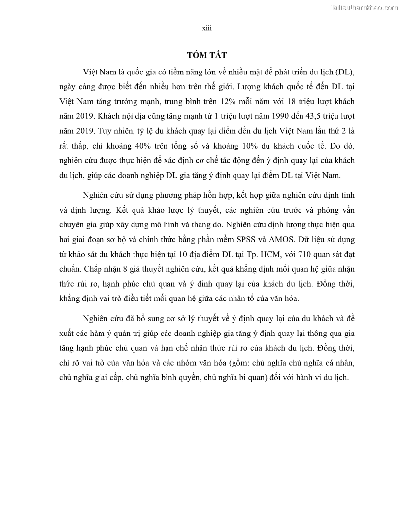 Luận án tiến sĩ quản trị kinh doanh Mối quan hệ giữa nhận thức rủi ro, hạnh phúc chủ quan và ý định quay lại của khách du lịch tại Việt Nam - Trường hợp nghiên cứu tại thành phố Hồ Chí Minh - 2 Trang 15