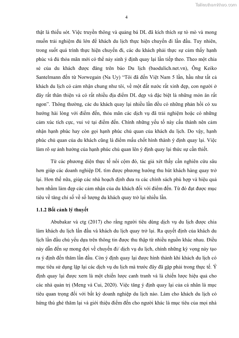 Luận án tiến sĩ quản trị kinh doanh Mối quan hệ giữa nhận thức rủi ro, hạnh phúc chủ quan và ý định quay lại của khách du lịch tại Việt Nam - Trường hợp nghiên cứu tại thành phố Hồ Chí Minh - 2 Trang 19