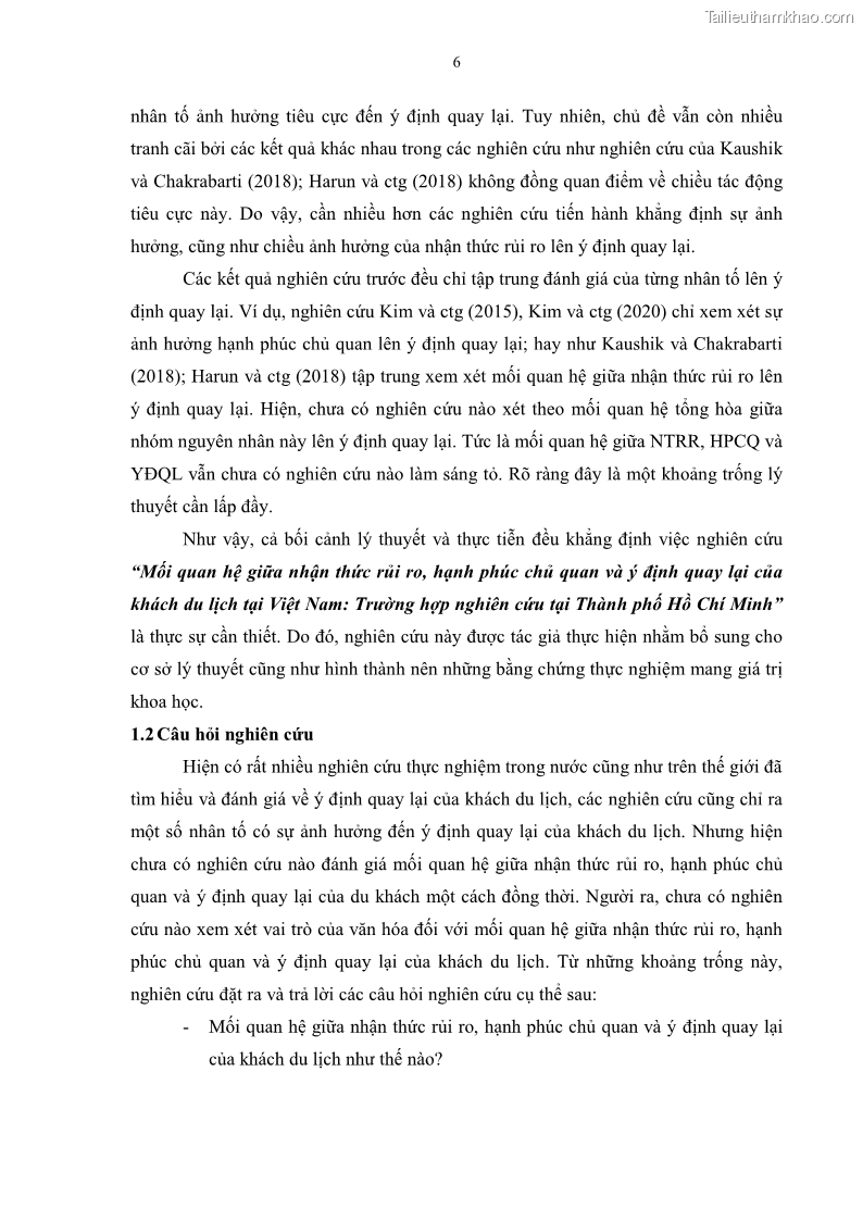 Luận án tiến sĩ quản trị kinh doanh Mối quan hệ giữa nhận thức rủi ro, hạnh phúc chủ quan và ý định quay lại của khách du lịch tại Việt Nam - Trường hợp nghiên cứu tại thành phố Hồ Chí Minh - 2 Trang 21