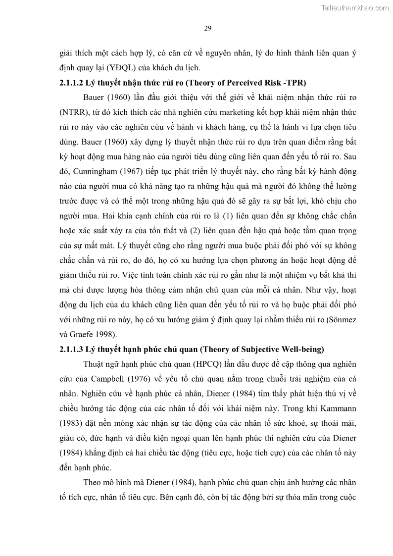 Luận án tiến sĩ quản trị kinh doanh Mối quan hệ giữa nhận thức rủi ro, hạnh phúc chủ quan và ý định quay lại của khách du lịch tại Việt Nam - Trường hợp nghiên cứu tại thành phố Hồ Chí Minh - 4 Trang 44