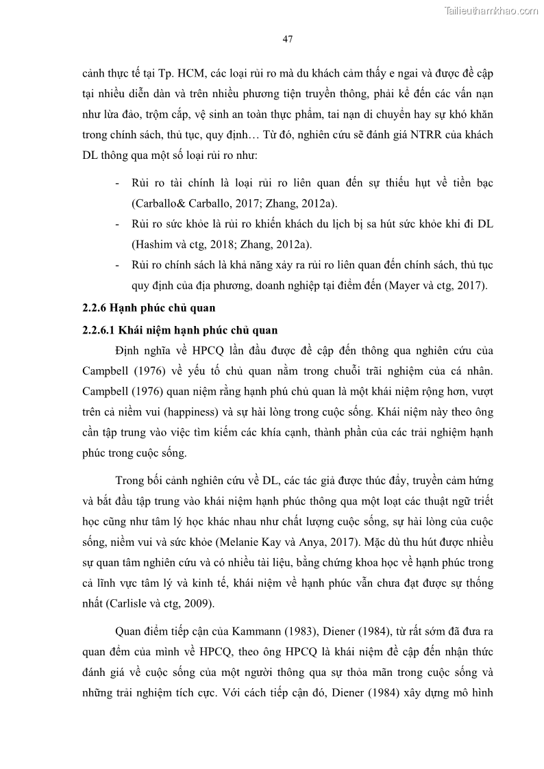 Luận án tiến sĩ quản trị kinh doanh Mối quan hệ giữa nhận thức rủi ro, hạnh phúc chủ quan và ý định quay lại của khách du lịch tại Việt Nam - Trường hợp nghiên cứu tại thành phố Hồ Chí Minh - 6 Trang 62