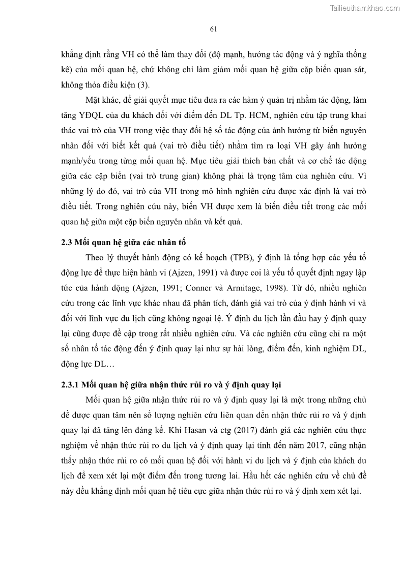 Luận án tiến sĩ quản trị kinh doanh Mối quan hệ giữa nhận thức rủi ro, hạnh phúc chủ quan và ý định quay lại của khách du lịch tại Việt Nam - Trường hợp nghiên cứu tại thành phố Hồ Chí Minh - 7 Trang 76