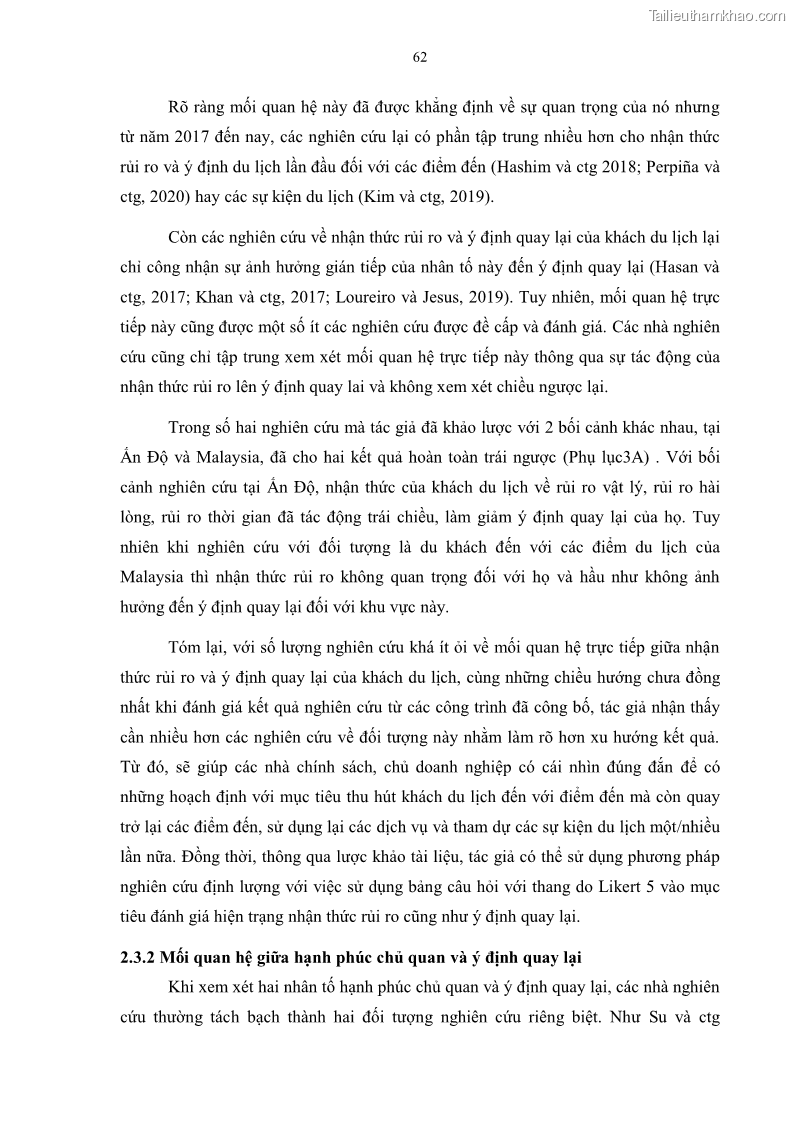 Luận án tiến sĩ quản trị kinh doanh Mối quan hệ giữa nhận thức rủi ro, hạnh phúc chủ quan và ý định quay lại của khách du lịch tại Việt Nam - Trường hợp nghiên cứu tại thành phố Hồ Chí Minh - 7 Trang 77