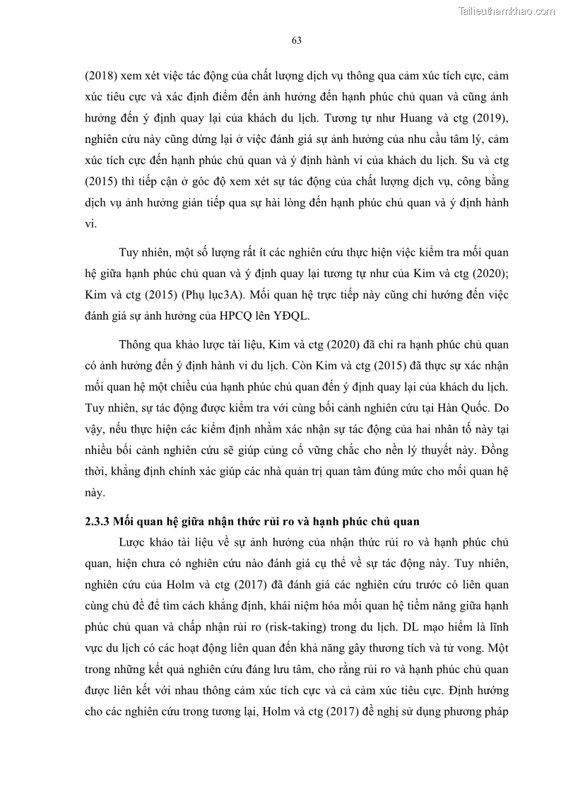 Luận án tiến sĩ quản trị kinh doanh Mối quan hệ giữa nhận thức rủi ro, hạnh phúc chủ quan và ý định quay lại của khách du lịch tại Việt Nam - Trường hợp nghiên cứu tại thành phố Hồ Chí Minh - 7 Trang 78