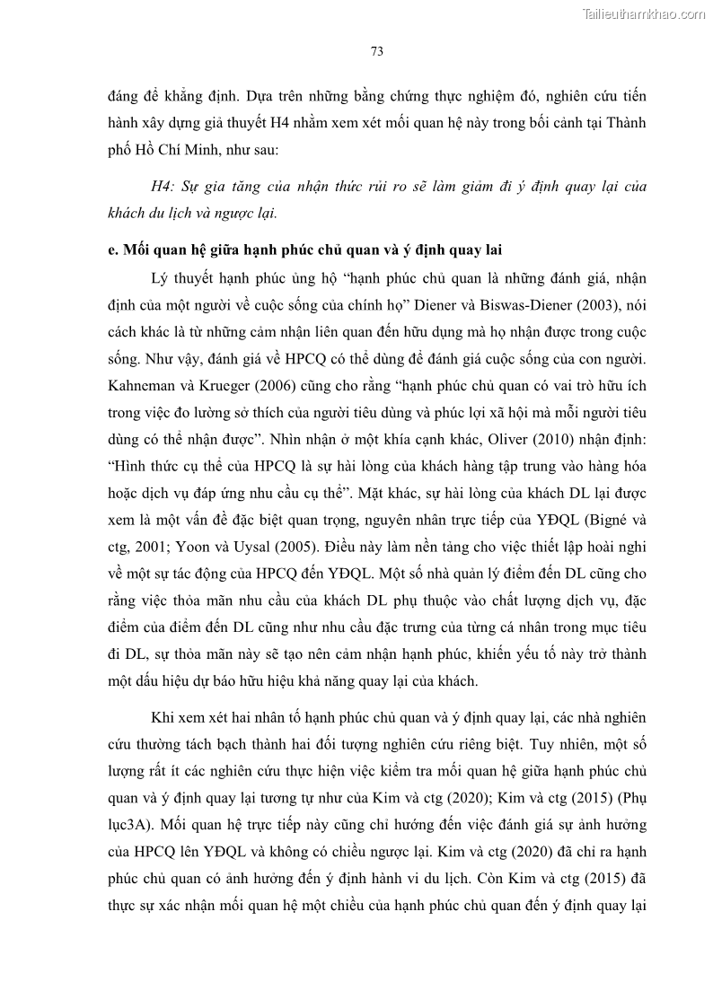 Luận án tiến sĩ quản trị kinh doanh Mối quan hệ giữa nhận thức rủi ro, hạnh phúc chủ quan và ý định quay lại của khách du lịch tại Việt Nam - Trường hợp nghiên cứu tại thành phố Hồ Chí Minh - 8 Trang 88