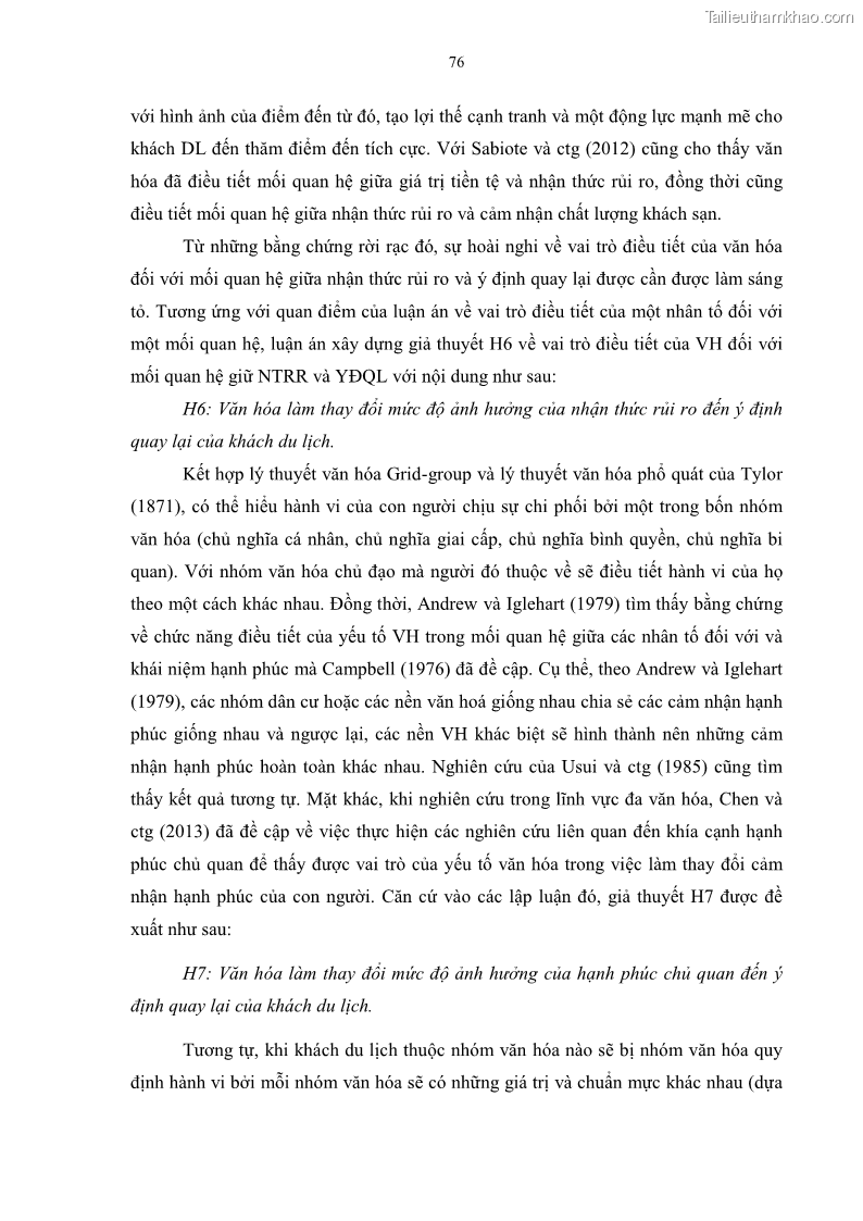 Luận án tiến sĩ quản trị kinh doanh Mối quan hệ giữa nhận thức rủi ro, hạnh phúc chủ quan và ý định quay lại của khách du lịch tại Việt Nam - Trường hợp nghiên cứu tại thành phố Hồ Chí Minh - 8 Trang 91