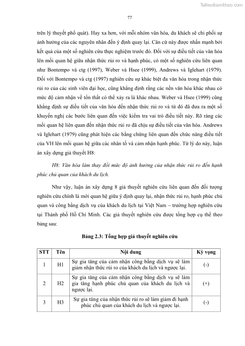 Luận án tiến sĩ quản trị kinh doanh Mối quan hệ giữa nhận thức rủi ro, hạnh phúc chủ quan và ý định quay lại của khách du lịch tại Việt Nam - Trường hợp nghiên cứu tại thành phố Hồ Chí Minh - 8 Trang 92