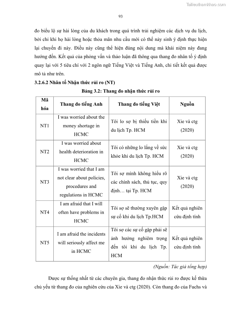 Luận án tiến sĩ quản trị kinh doanh Mối quan hệ giữa nhận thức rủi ro, hạnh phúc chủ quan và ý định quay lại của khách du lịch tại Việt Nam - Trường hợp nghiên cứu tại thành phố Hồ Chí Minh - 9 Trang 108
