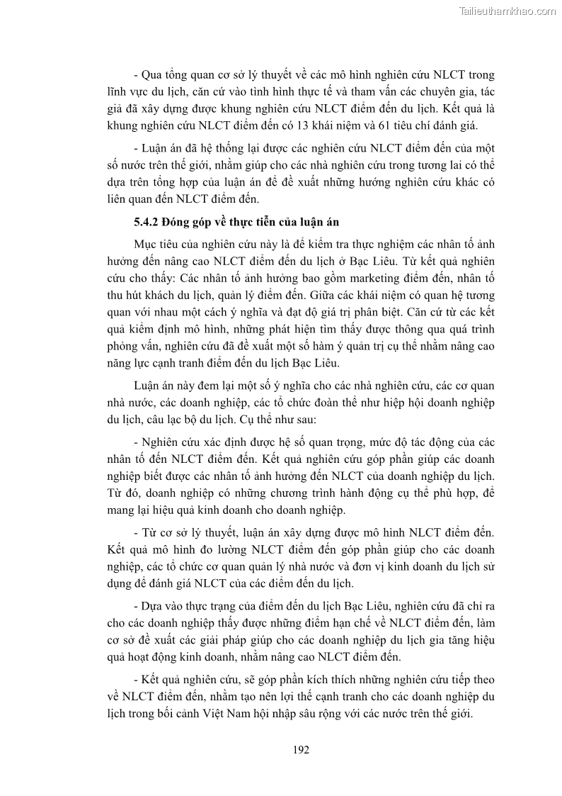 Luận án tiến sĩ quản trị kinh doanh Nâng cao năng lực cạnh tranh điểm đến du lịch ở Bạc Liêu - 18 Trang 210