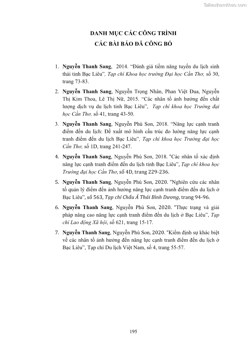 Luận án tiến sĩ quản trị kinh doanh Nâng cao năng lực cạnh tranh điểm đến du lịch ở Bạc Liêu - 18 Trang 213