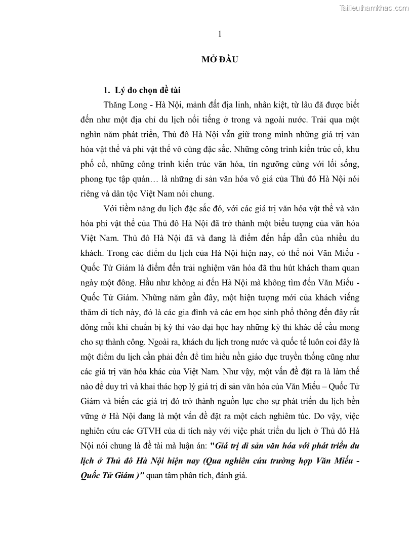 Luận án tiến sĩ văn hóa học Giá trị di sản văn hóa với phát triển du lịch ở Thủ đô Hà Nội hiện nay Qua nghiên cứu trường hợp Văn Miếu - Quốc Tử Giám - 1 Trang 8