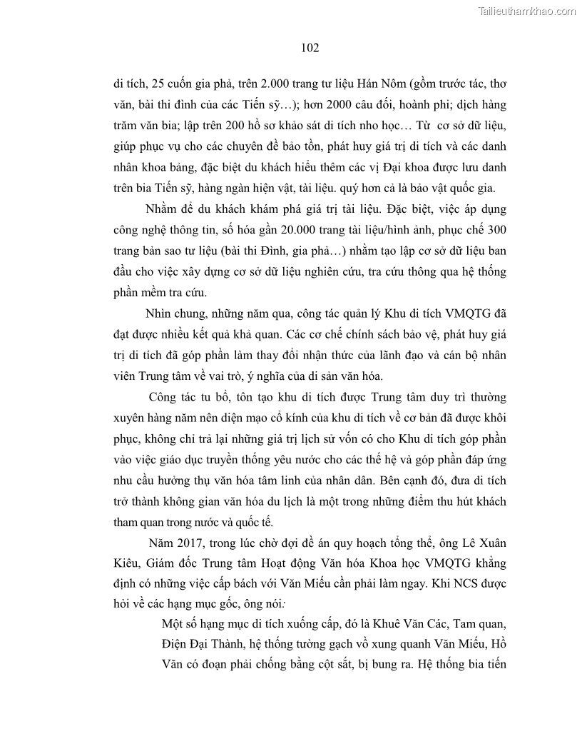 Luận án tiến sĩ văn hóa học Giá trị di sản văn hóa với phát triển du lịch ở Thủ đô Hà Nội hiện nay Qua nghiên cứu trường hợp Văn Miếu - Quốc Tử Giám - 10 Trang 109