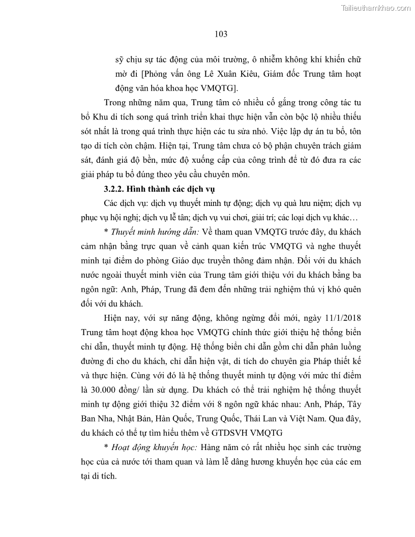 Luận án tiến sĩ văn hóa học Giá trị di sản văn hóa với phát triển du lịch ở Thủ đô Hà Nội hiện nay Qua nghiên cứu trường hợp Văn Miếu - Quốc Tử Giám - 10 Trang 110