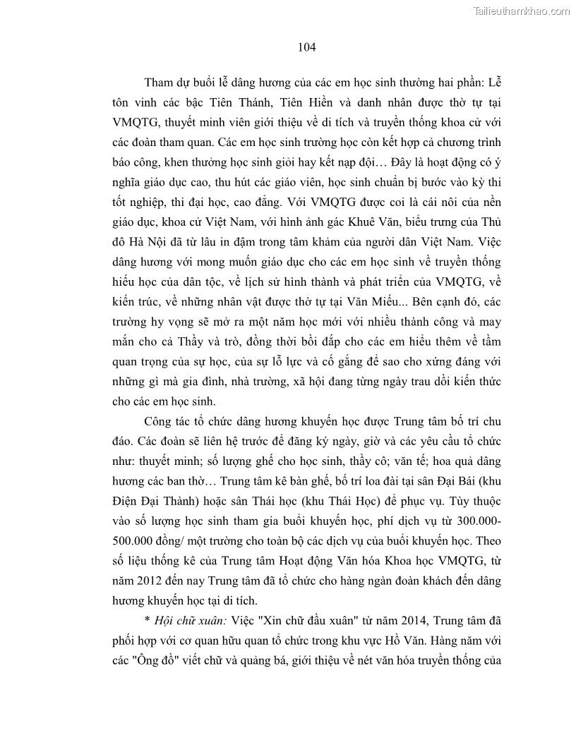 Luận án tiến sĩ văn hóa học Giá trị di sản văn hóa với phát triển du lịch ở Thủ đô Hà Nội hiện nay Qua nghiên cứu trường hợp Văn Miếu - Quốc Tử Giám - 10 Trang 111