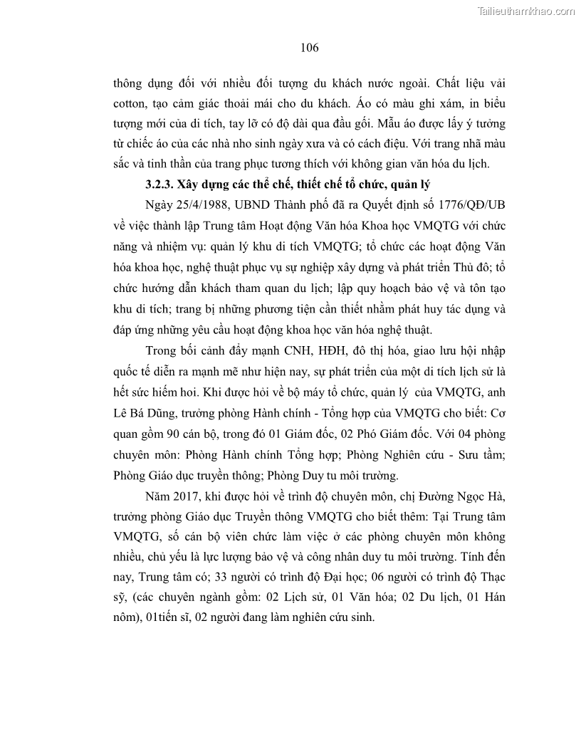 Luận án tiến sĩ văn hóa học Giá trị di sản văn hóa với phát triển du lịch ở Thủ đô Hà Nội hiện nay Qua nghiên cứu trường hợp Văn Miếu - Quốc Tử Giám - 10 Trang 113