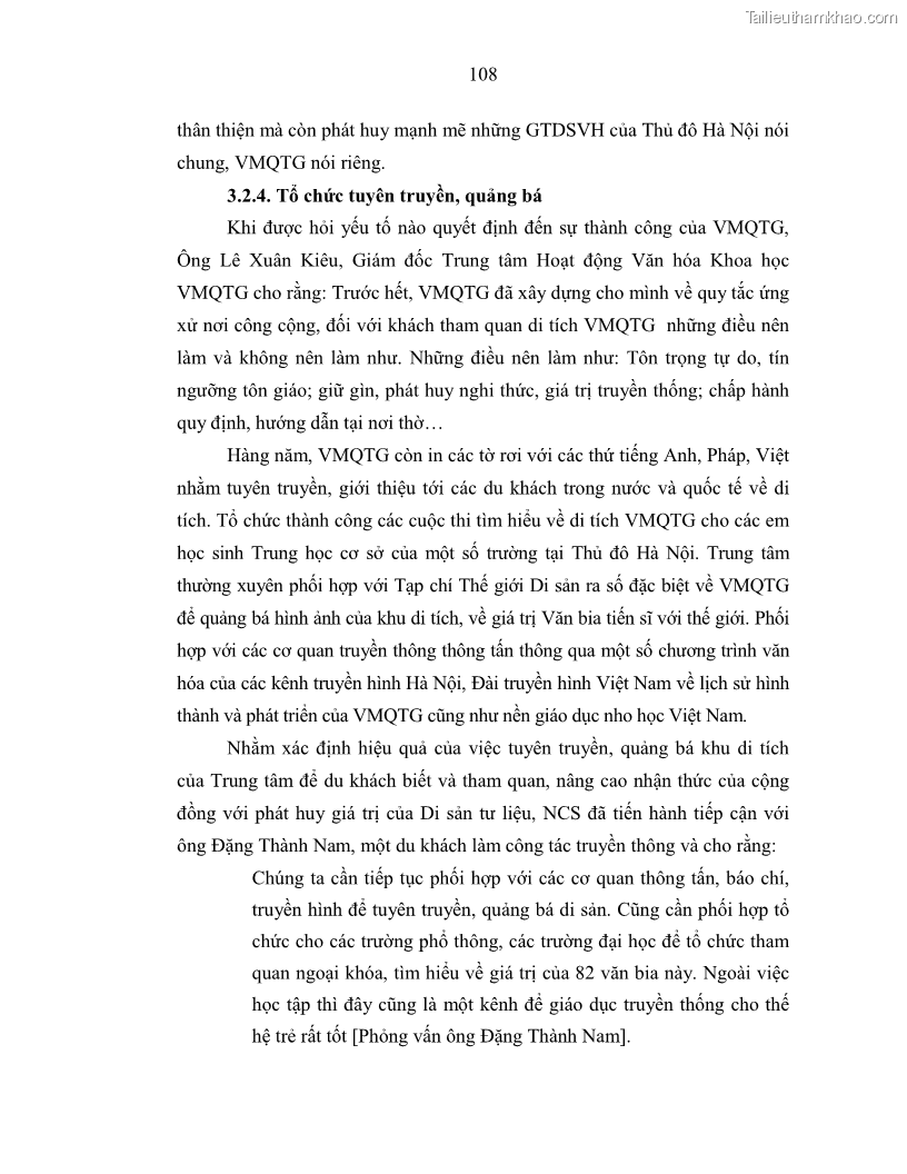 Luận án tiến sĩ văn hóa học Giá trị di sản văn hóa với phát triển du lịch ở Thủ đô Hà Nội hiện nay Qua nghiên cứu trường hợp Văn Miếu - Quốc Tử Giám - 10 Trang 115