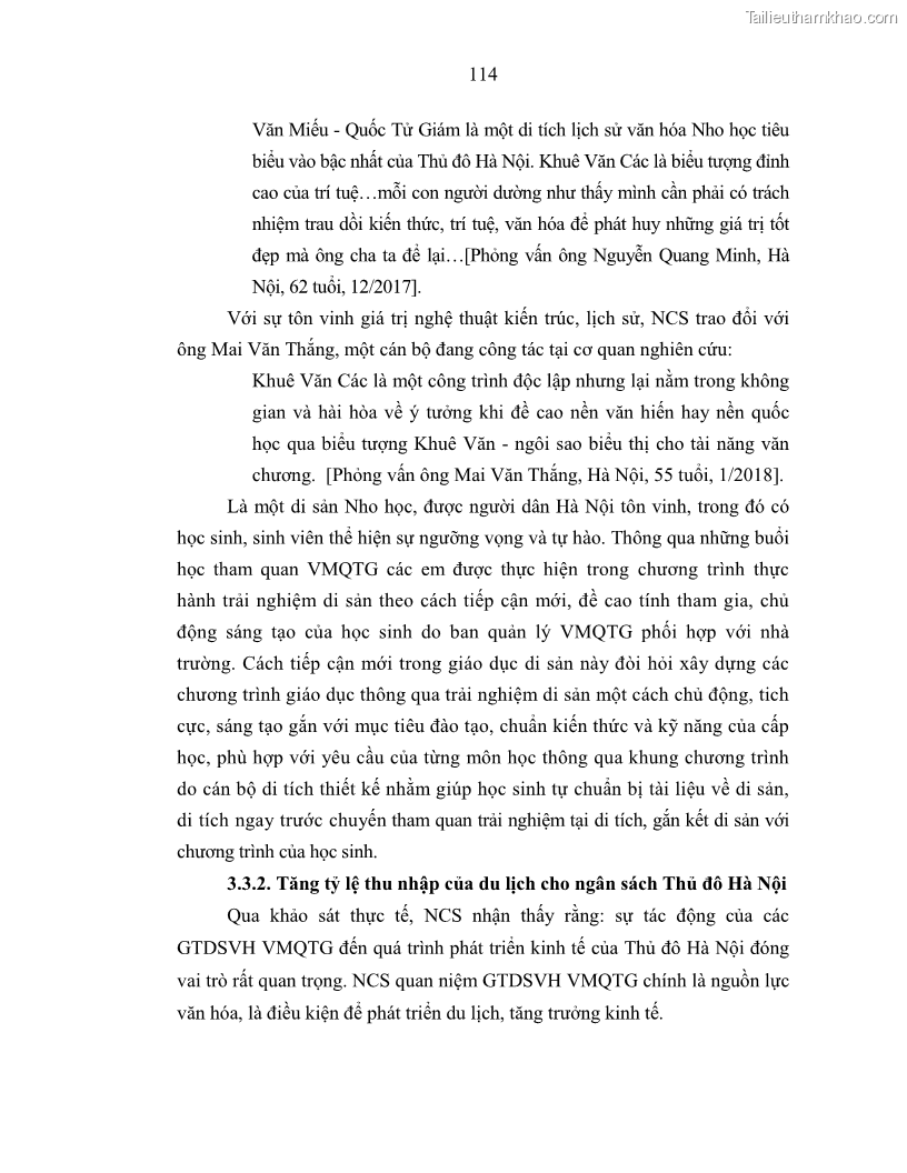 Luận án tiến sĩ văn hóa học Giá trị di sản văn hóa với phát triển du lịch ở Thủ đô Hà Nội hiện nay Qua nghiên cứu trường hợp Văn Miếu - Quốc Tử Giám - 11 Trang 121