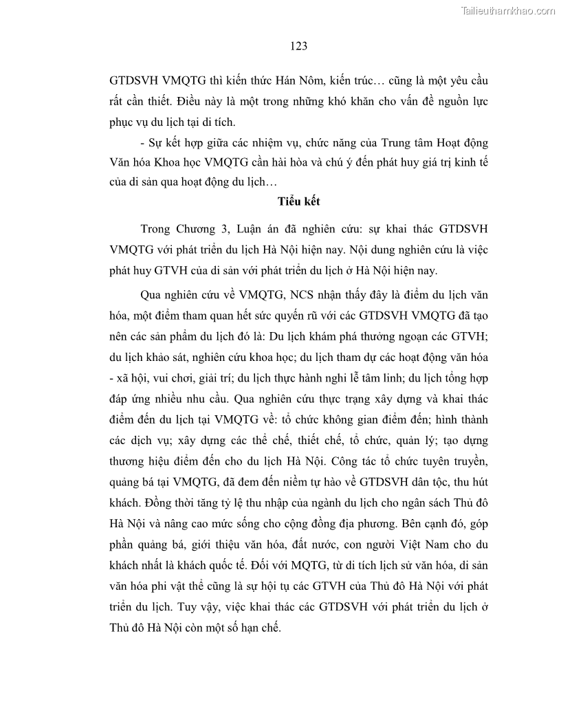 Luận án tiến sĩ văn hóa học Giá trị di sản văn hóa với phát triển du lịch ở Thủ đô Hà Nội hiện nay Qua nghiên cứu trường hợp Văn Miếu - Quốc Tử Giám - 11 Trang 130
