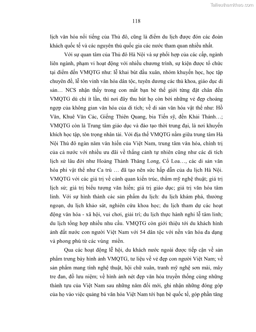 Luận án tiến sĩ văn hóa học Giá trị di sản văn hóa với phát triển du lịch ở Thủ đô Hà Nội hiện nay Qua nghiên cứu trường hợp Văn Miếu - Quốc Tử Giám - 11 Trang 125