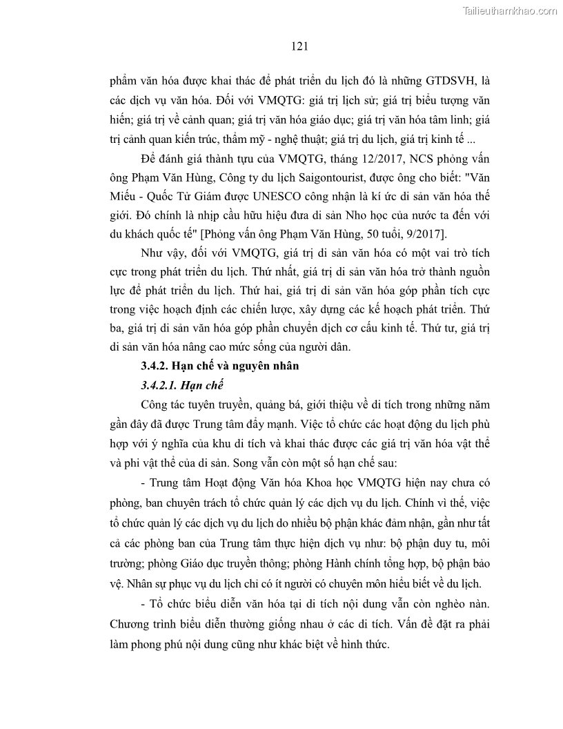 Luận án tiến sĩ văn hóa học Giá trị di sản văn hóa với phát triển du lịch ở Thủ đô Hà Nội hiện nay Qua nghiên cứu trường hợp Văn Miếu - Quốc Tử Giám - 11 Trang 128