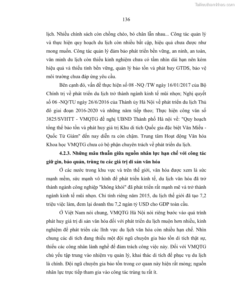 Luận án tiến sĩ văn hóa học Giá trị di sản văn hóa với phát triển du lịch ở Thủ đô Hà Nội hiện nay Qua nghiên cứu trường hợp Văn Miếu - Quốc Tử Giám - 12 Trang 143
