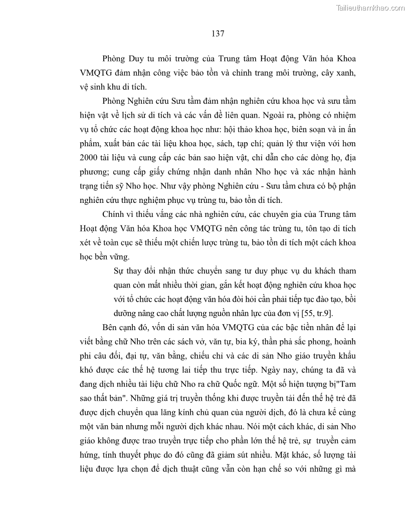 Luận án tiến sĩ văn hóa học Giá trị di sản văn hóa với phát triển du lịch ở Thủ đô Hà Nội hiện nay Qua nghiên cứu trường hợp Văn Miếu - Quốc Tử Giám - 12 Trang 144