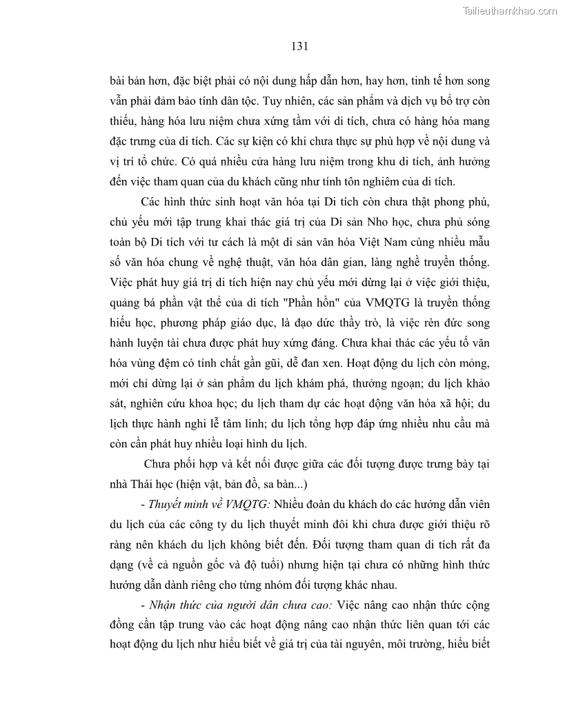 Luận án tiến sĩ văn hóa học Giá trị di sản văn hóa với phát triển du lịch ở Thủ đô Hà Nội hiện nay Qua nghiên cứu trường hợp Văn Miếu - Quốc Tử Giám - 12 Trang 138