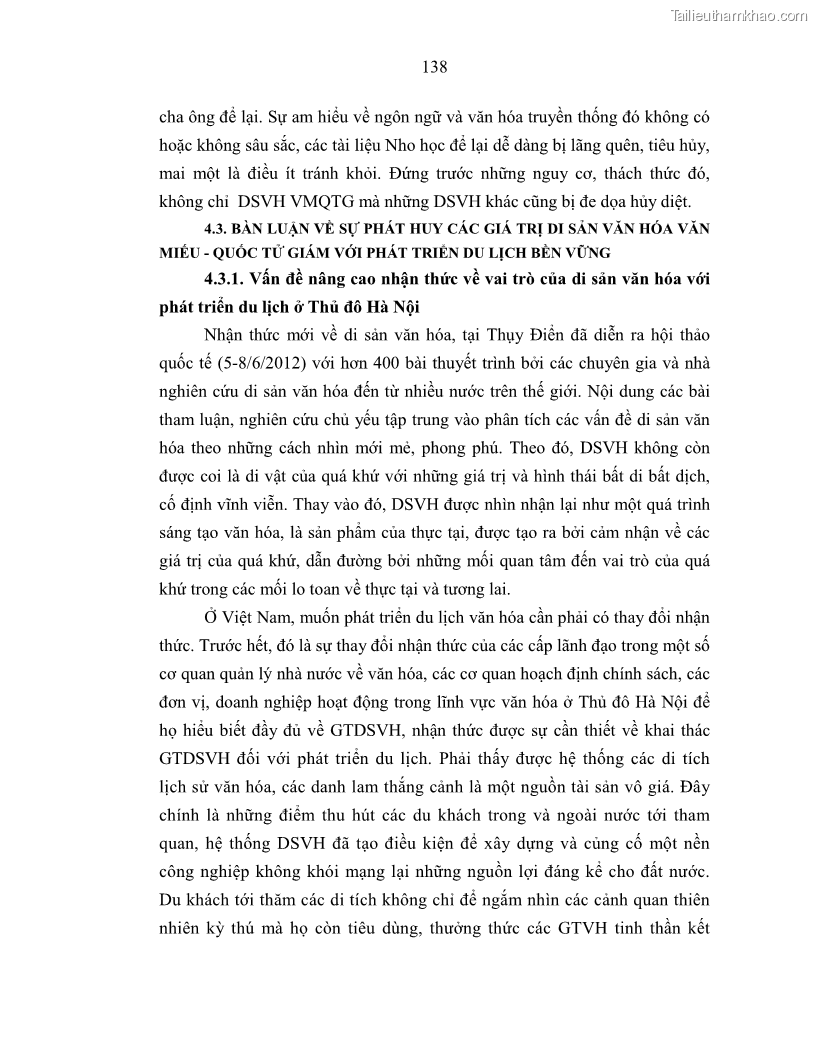 Luận án tiến sĩ văn hóa học Giá trị di sản văn hóa với phát triển du lịch ở Thủ đô Hà Nội hiện nay Qua nghiên cứu trường hợp Văn Miếu - Quốc Tử Giám - 13 Trang 145